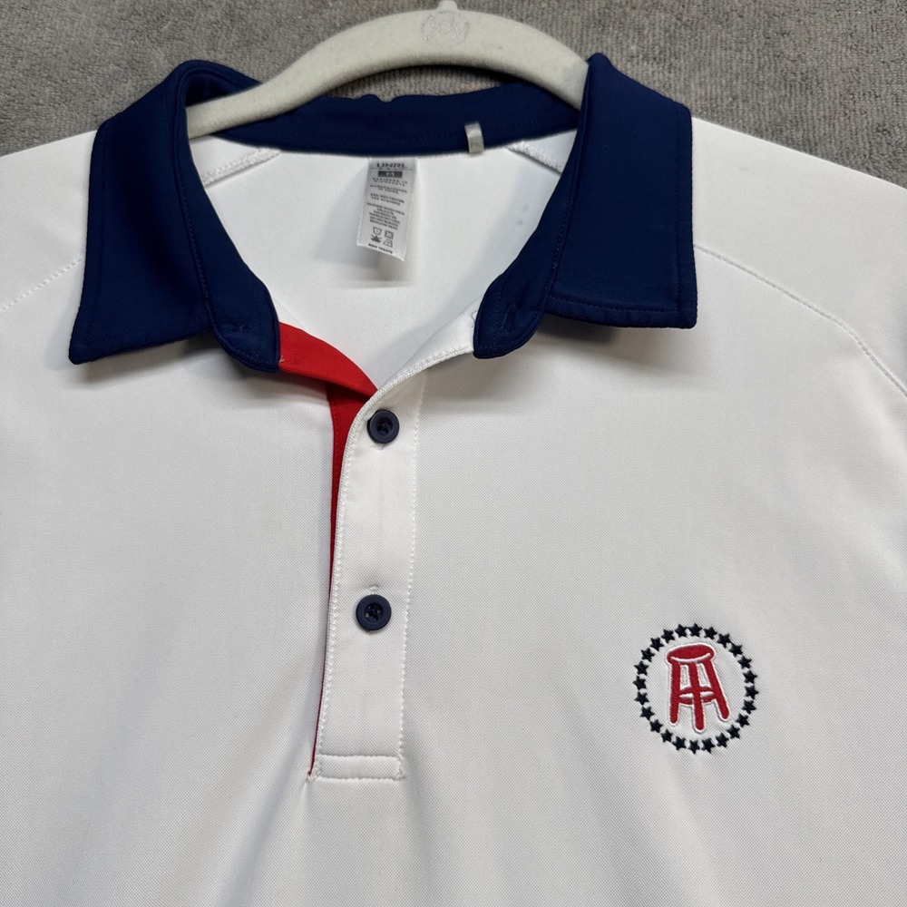 UNRL Barstool Men's‎ White Blue Trim Polo Shirt Medium Golf Casual Performance